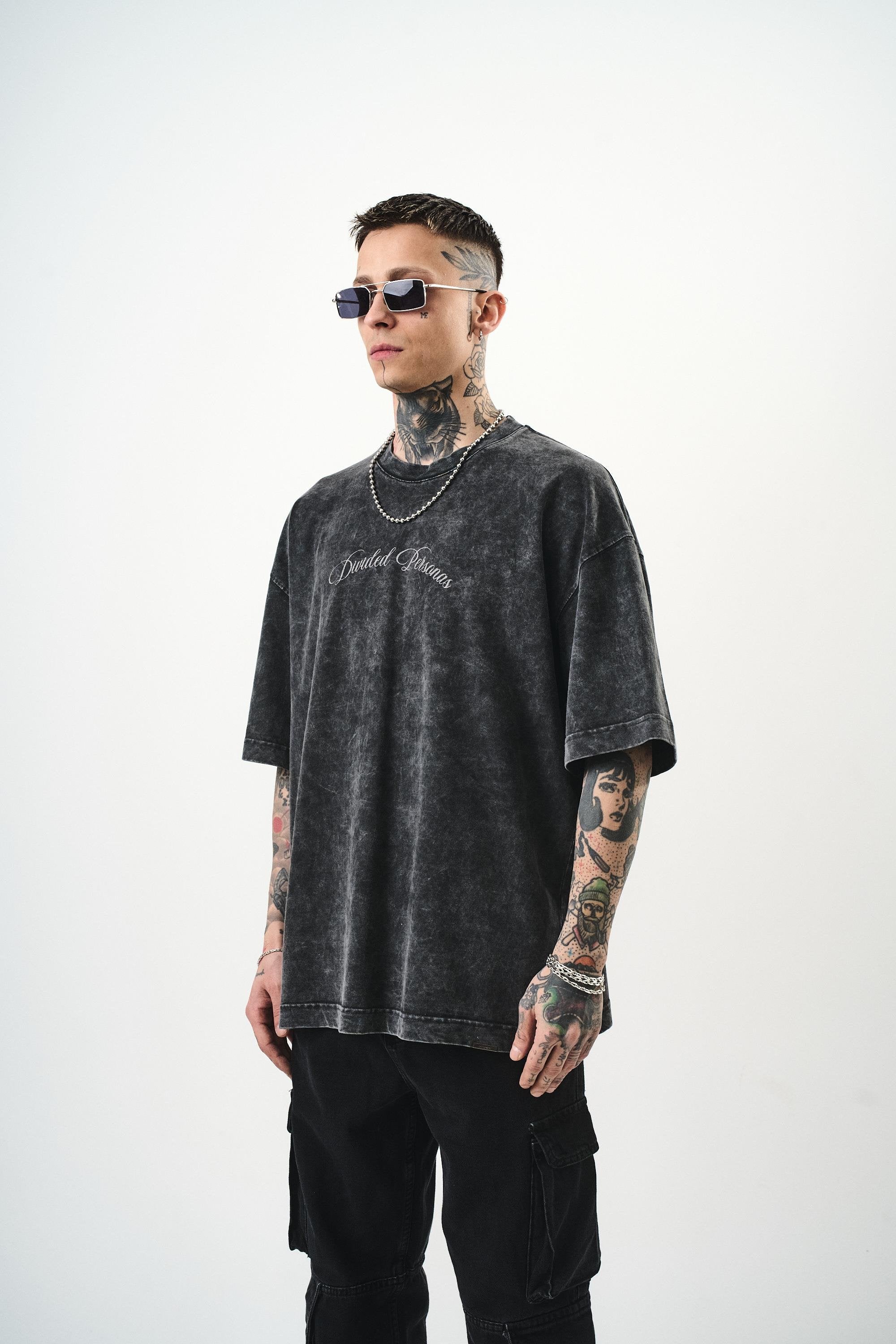 Men's Divided Personas Printed Washed Oversize T-Shirt Dark Gray