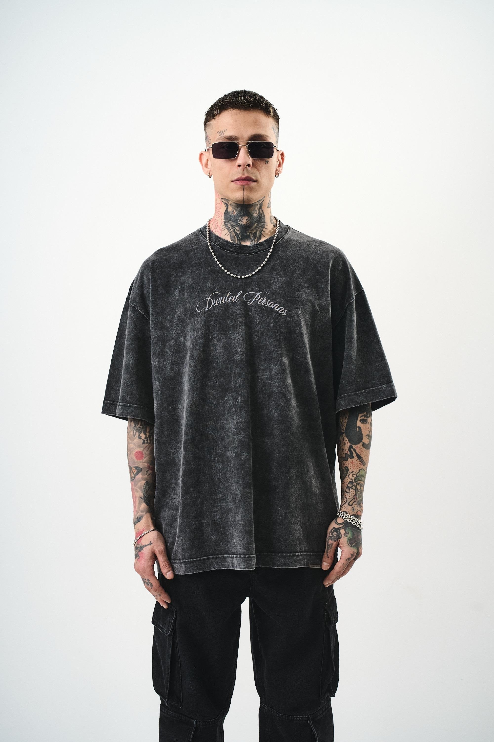 Men's Divided Personas Printed Washed Oversize T-Shirt Dark Gray