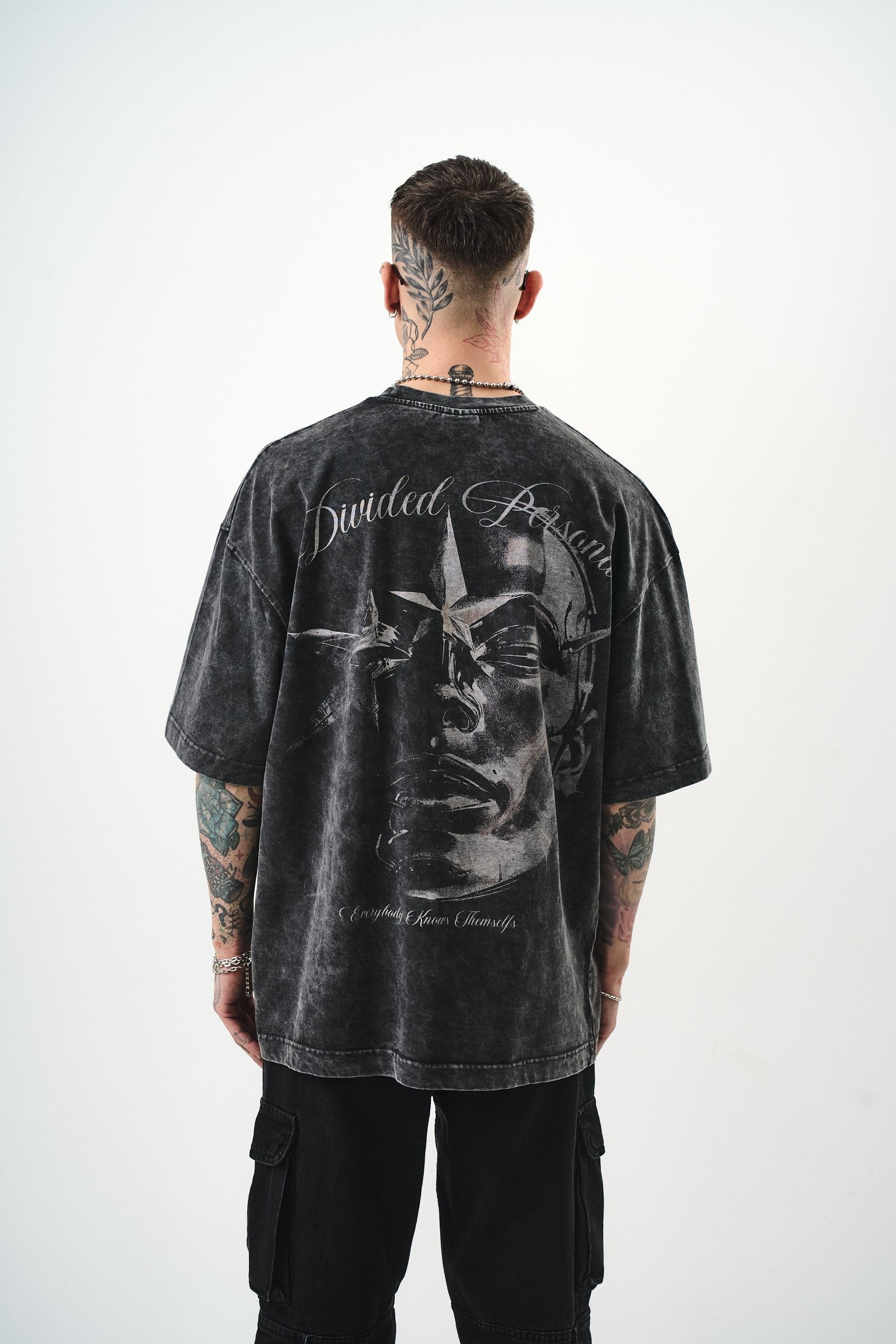 Men's Divided Personas Printed Washed Oversize T-Shirt Dark Gray