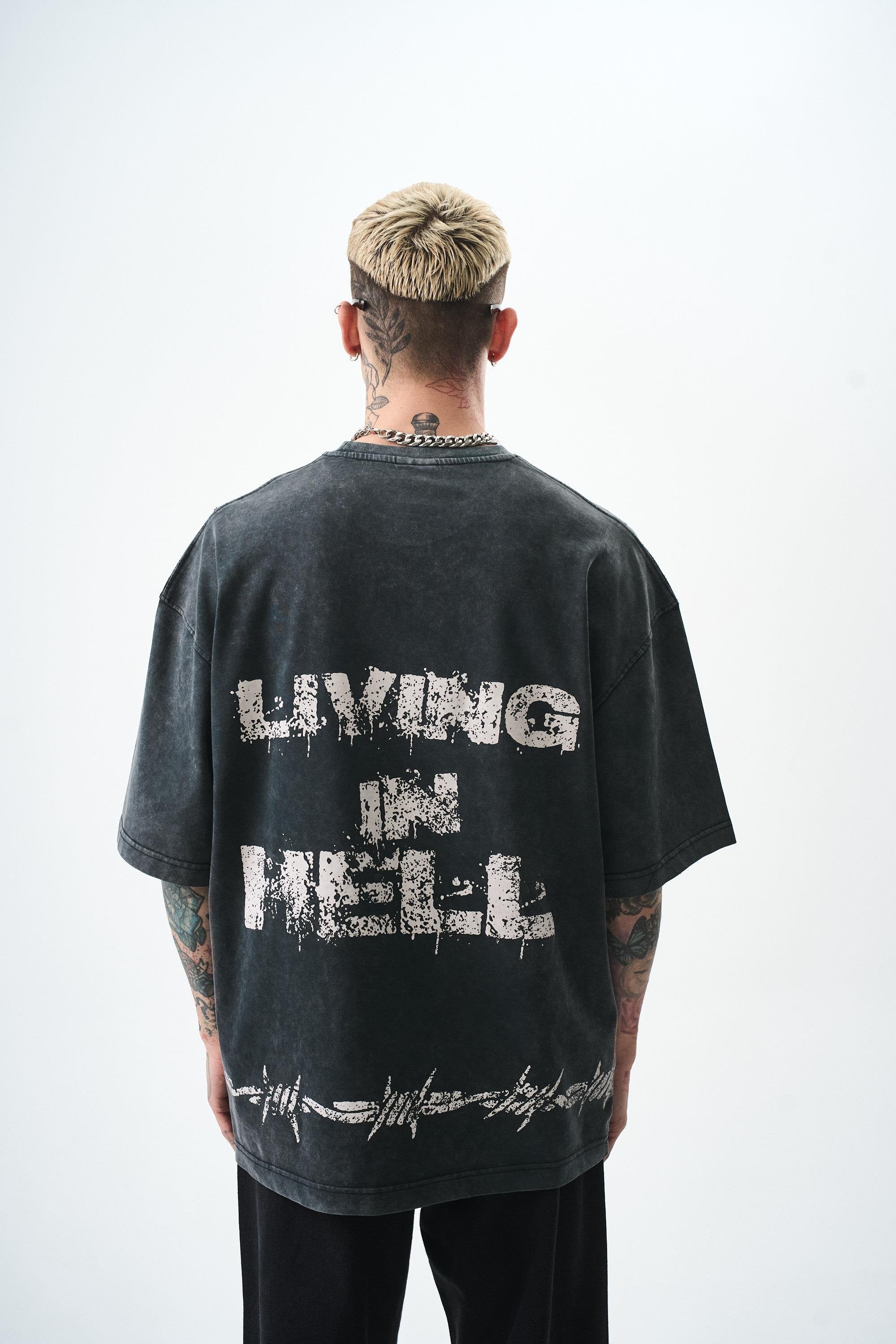 Men's Hell Printed Washable Oversize T-Shirt Black