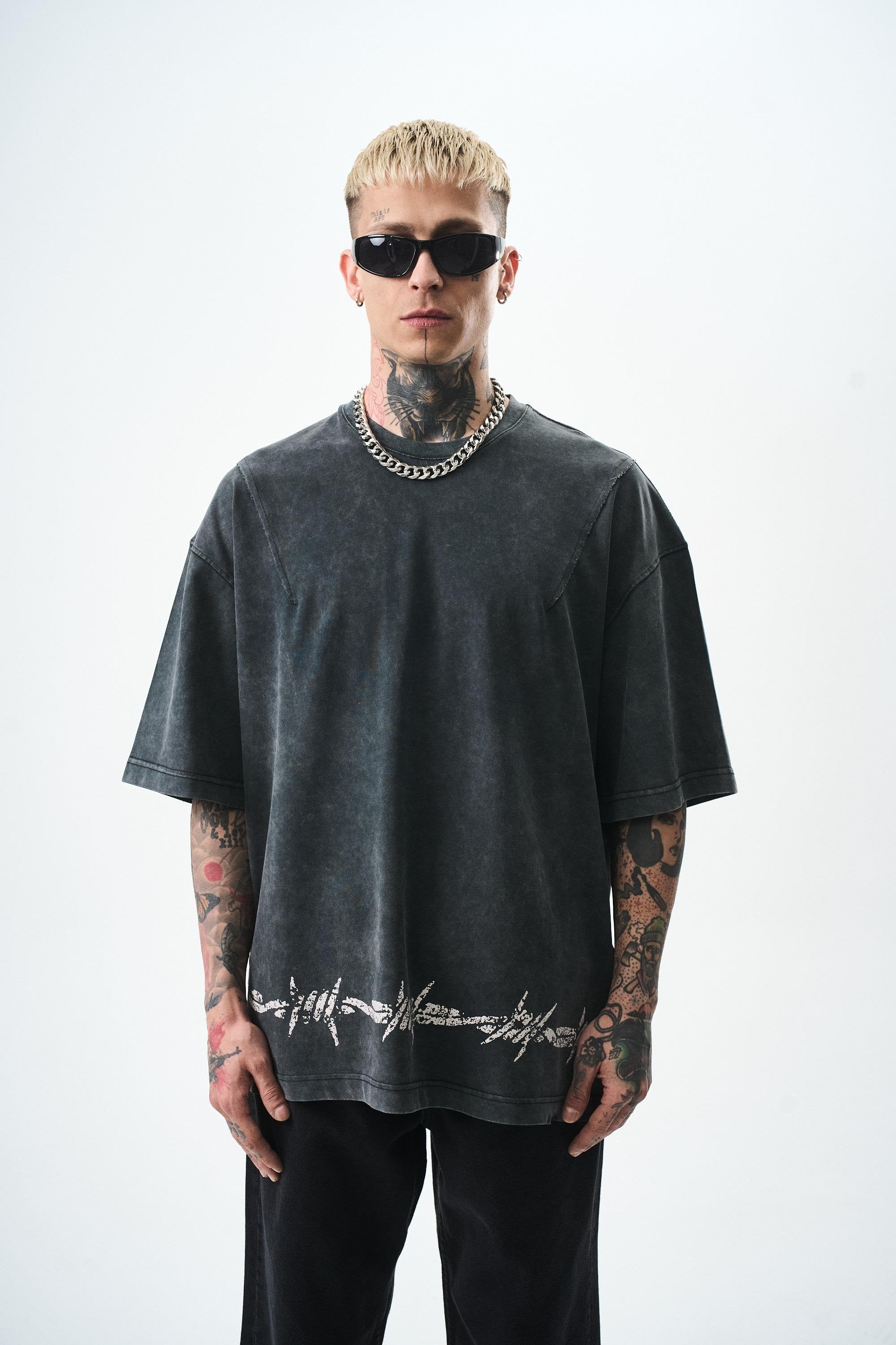Men's Hell Printed Washable Oversize T-Shirt Black
