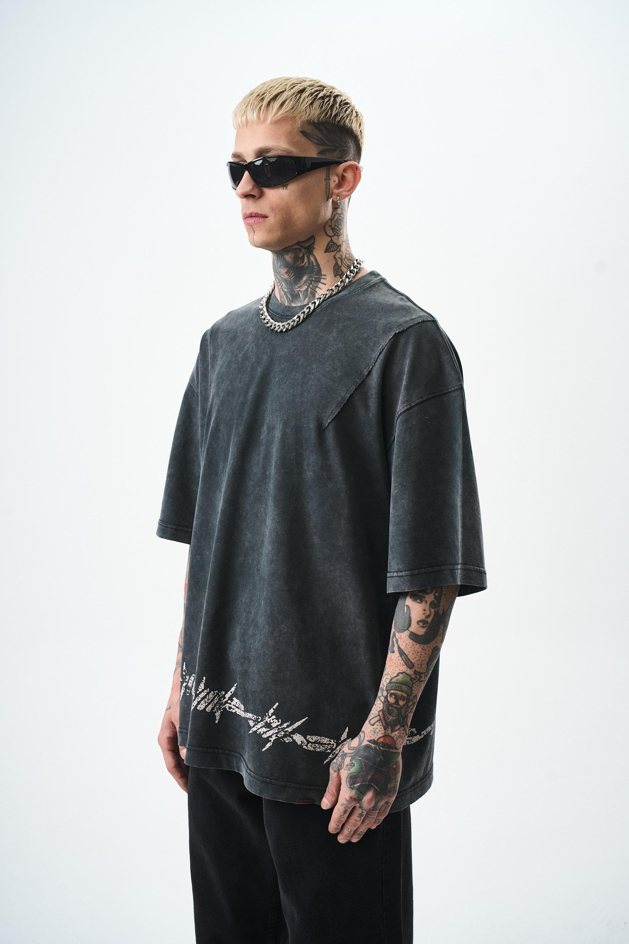Men's Hell Printed Washable Oversize T-Shirt Black